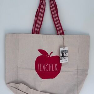 Rae Dunn Cream Canvas Tote with Red Apple 'Teacher' Graphic